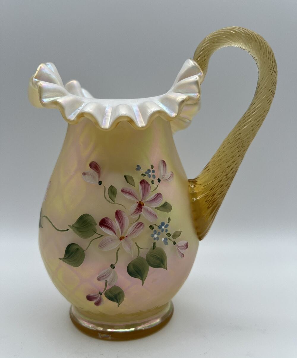 Fenton Iridescent Diamond Optic Cased Glass Hand Painted Pitcher 7.5” Signed